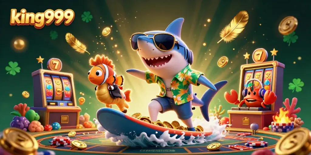 Gambarkan king999 melalui ikan hiu kartun berselancar di emas, menampilkan mesin slot dan roda roulette.