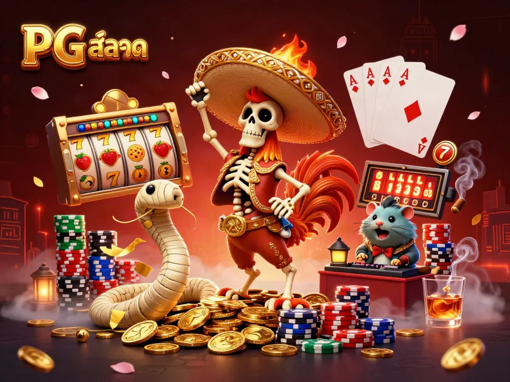 Experience exciting PG สล็อต action with vibrant characters in a dynamic casino scene celebrating victories.