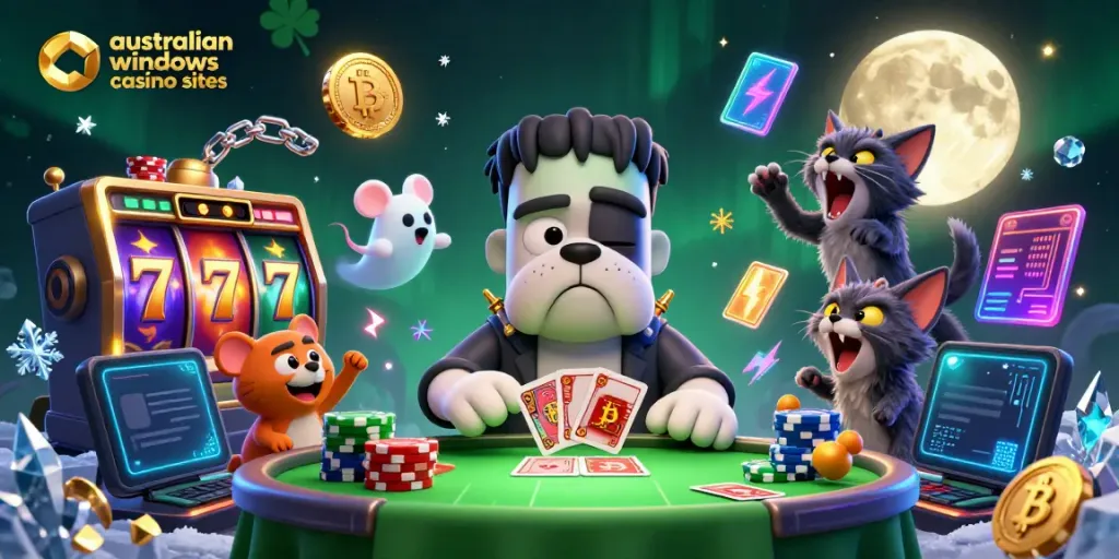 Experience the thrill of australian windows casino sites with lively characters engaging in card games surrounded by vibrant slot machines.