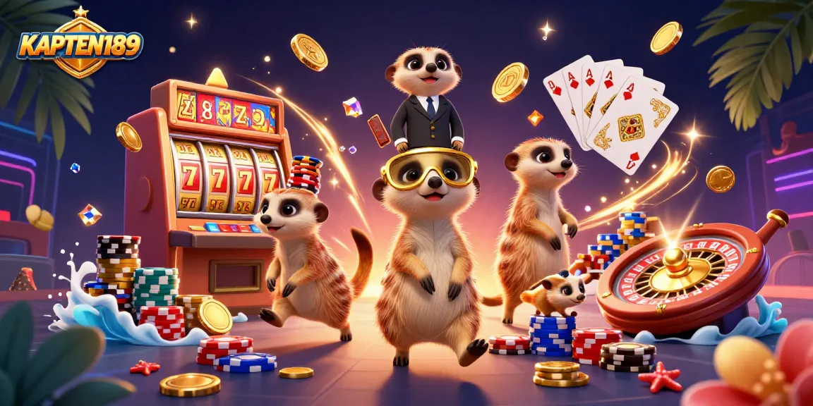 KAPTEN189 menampilkan koloni meerkat 3D yang menjalankan kasino yang rumit, dikelilingi oleh koin emas dan chip poker warna-warni.