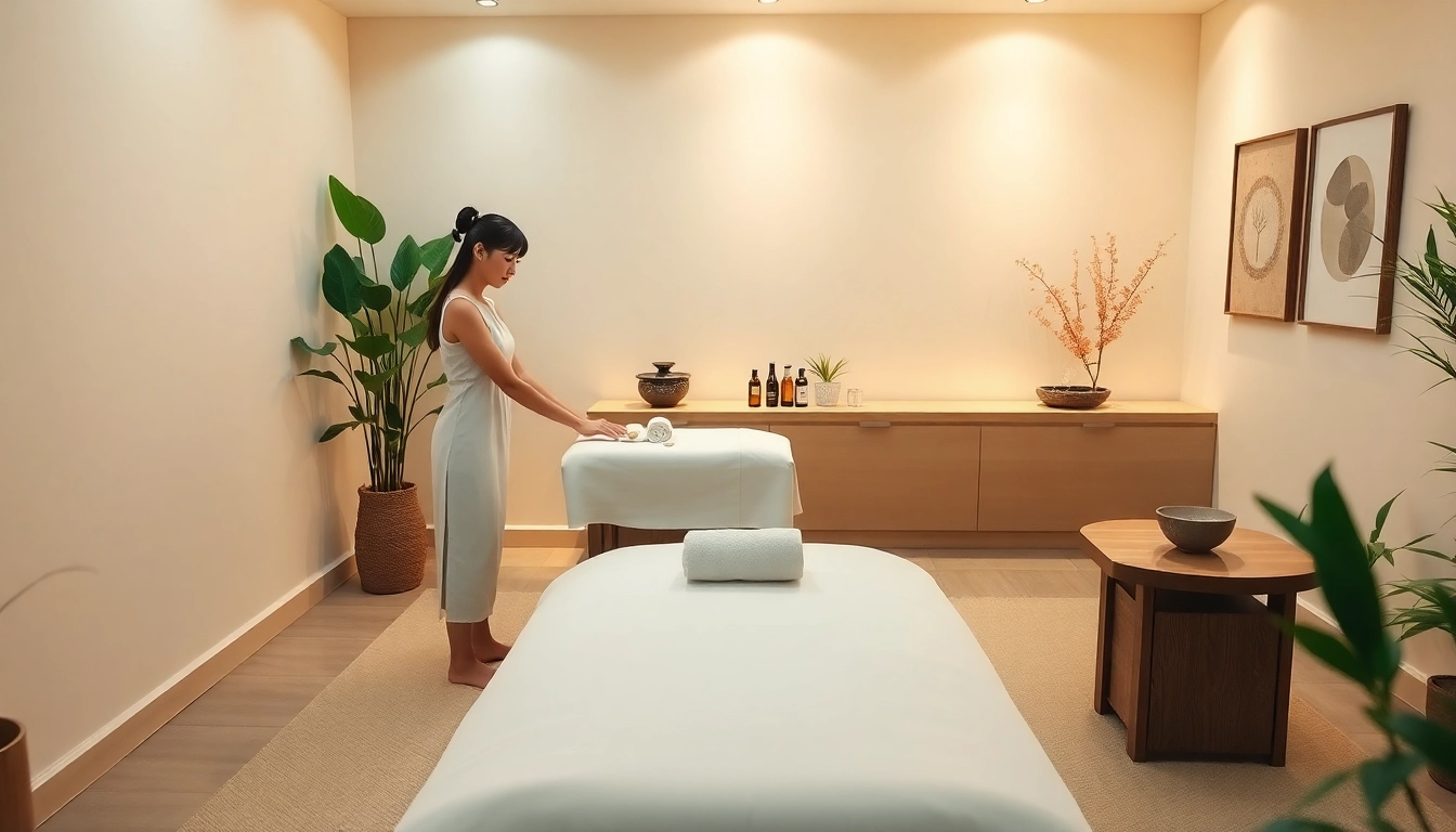 Relaxing massage scene for 동탄출장마사지, featuring a calm spa setting with a professional therapist preparing aromatic oils.