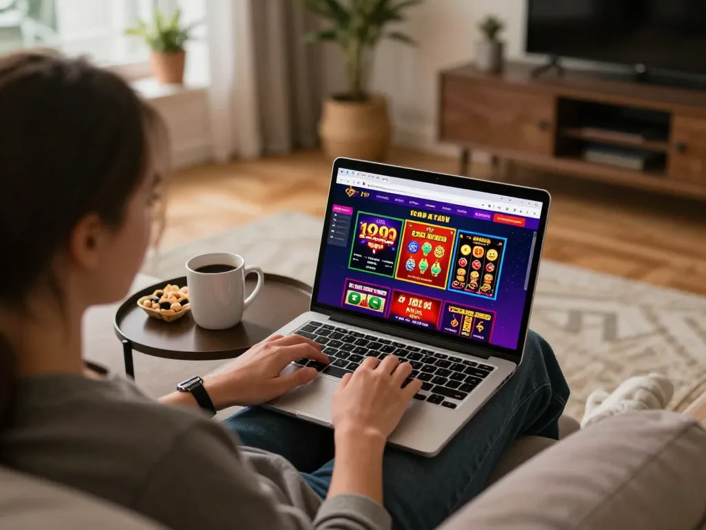 Engaging online gaming scene showcasing okfun on a laptop in a cozy home setting with snacks.