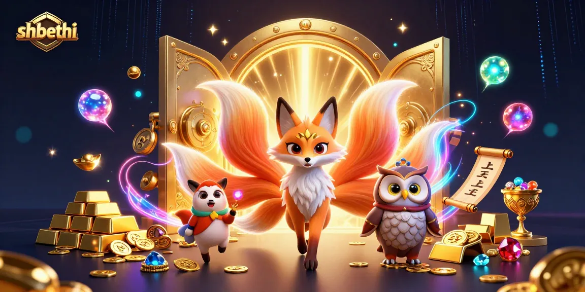 Experience the excitement of shbethi with a vibrant casino scene featuring a nine-tailed fox, wise owl, and treasure