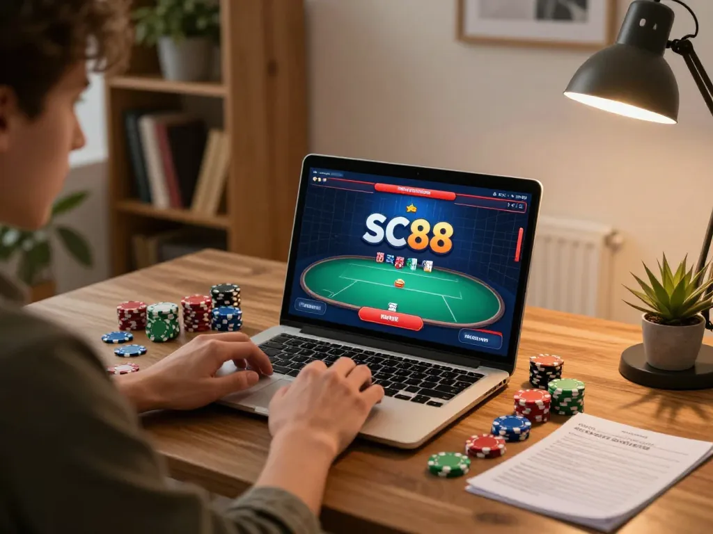 Engaging at-home poker gameplay on SC88 with colorful chips and bankroll notes visible