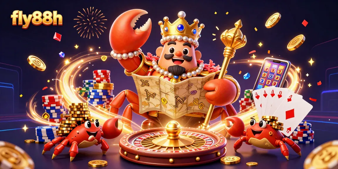 Engage with fly88h's vibrant casino adventure featuring a golden crab emperor in a dynamic gaming scene.