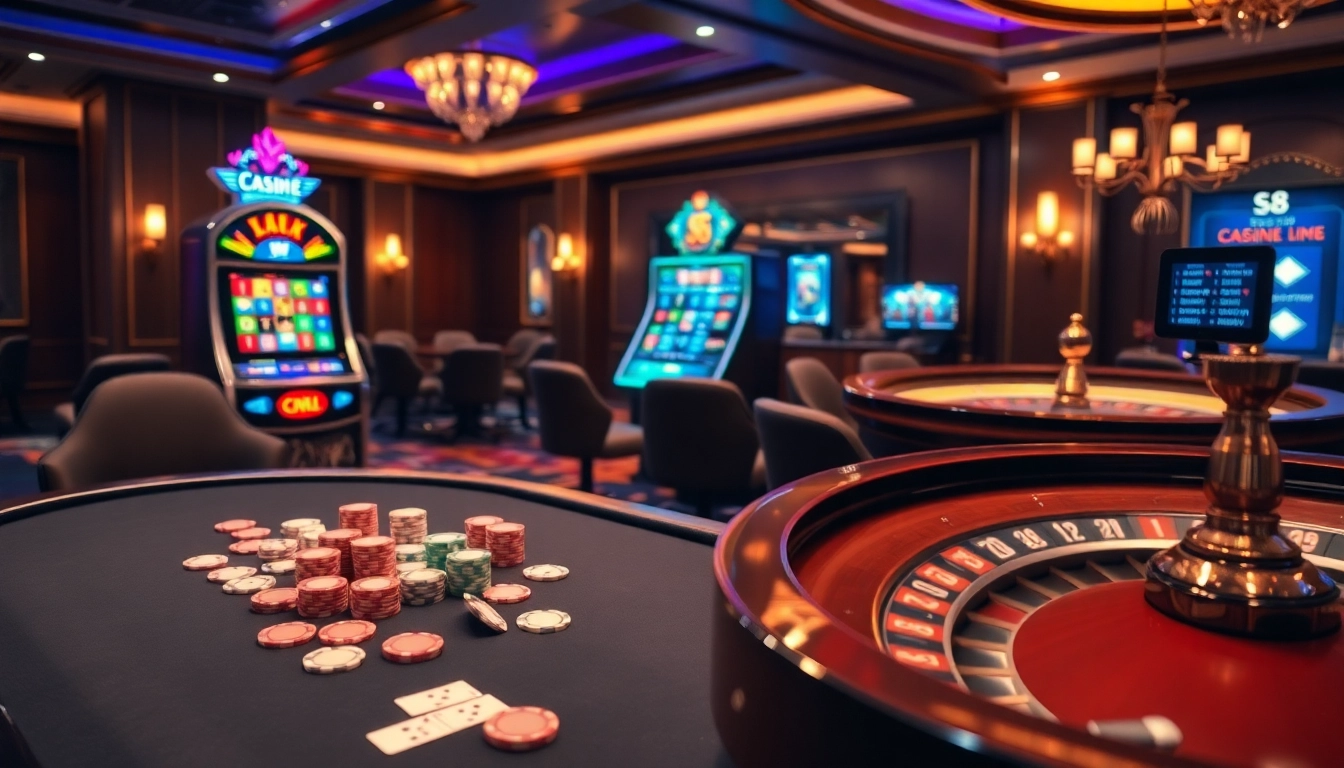 The vibrant casino scene showcases the s8 app interface on digital devices alongside poker chips and a roulette wheel.