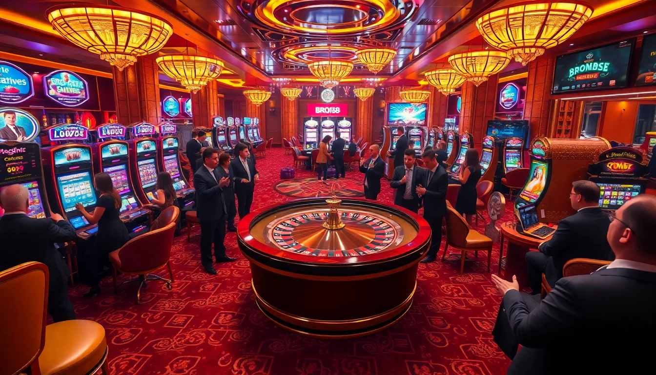 Experience BRO138 excitement at a luxurious casino with vibrant slot machines and a spinning roulette wheel.