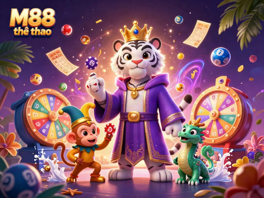 Cá cược thể thao tại M88 thể thao với hình ảnh các nhân vật vui nhộn và các yếu tố trò chơi đang nảy ra xung quanh.