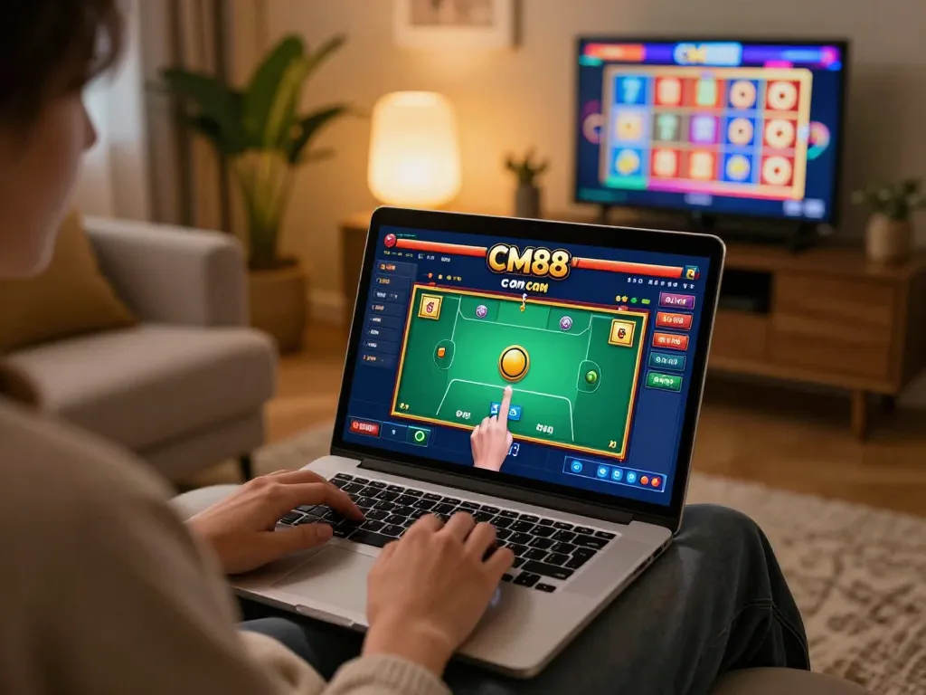 Engaged player utilizing cm88 com for an immersive and strategic online poker session at home.