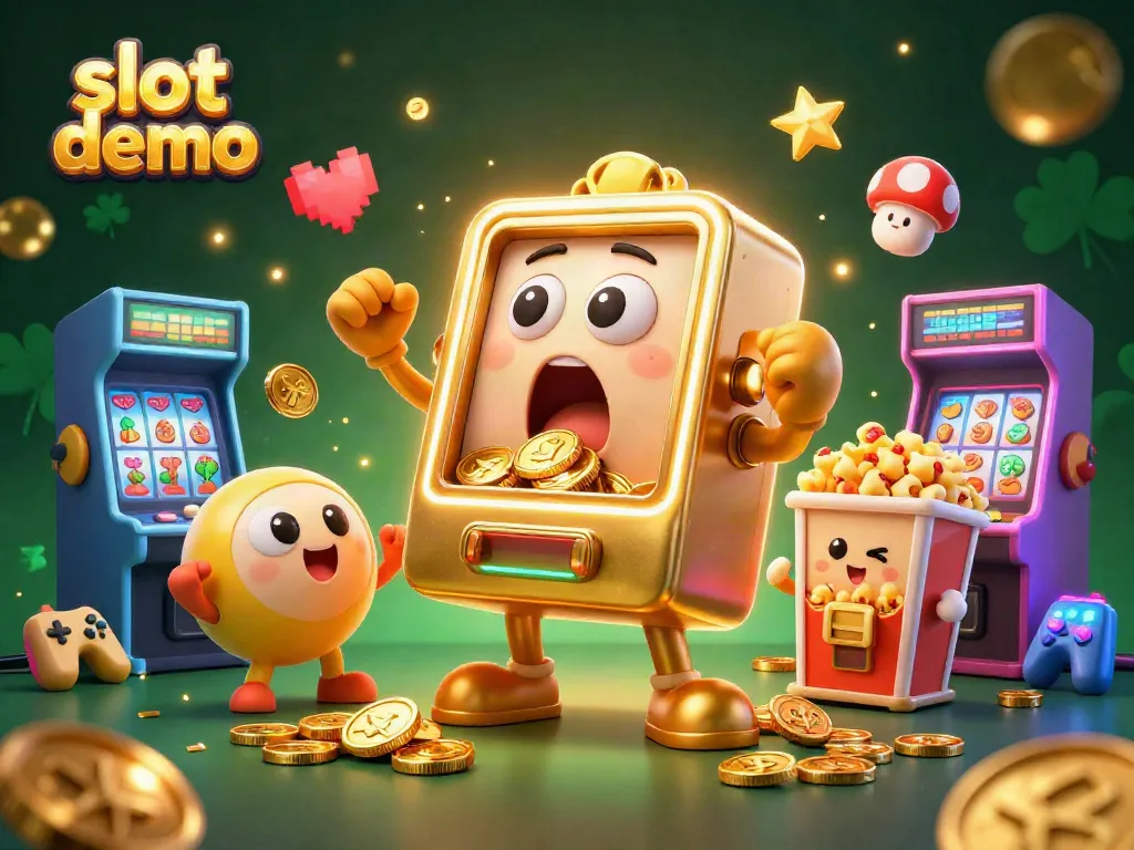 Slot demo menarik saat mesin slot emas merayakan jackpot dengan koin berjatuhan.