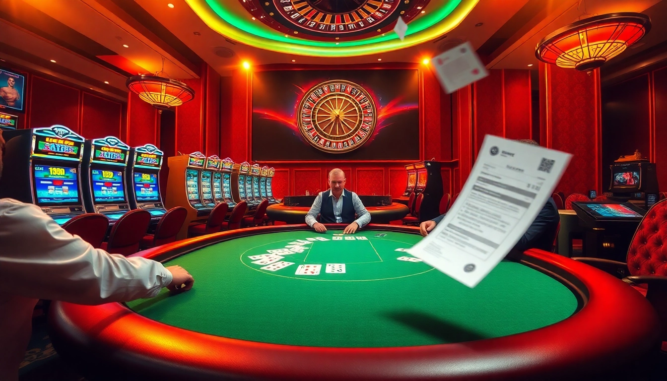 Kubet casino scene showcasing poker players at a vibrant casino table with chips and cards.