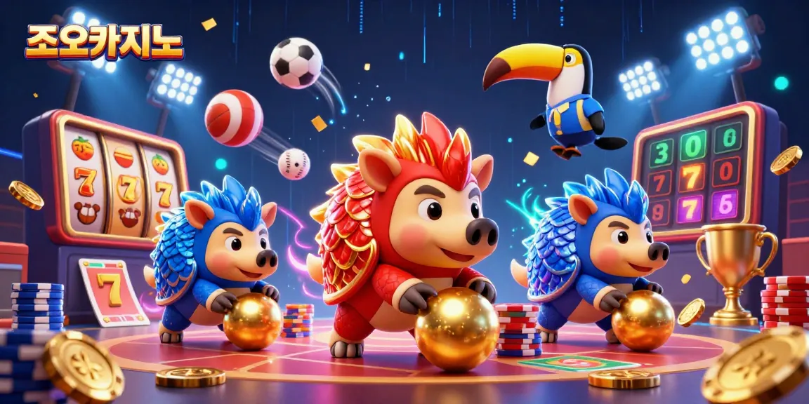 Engage in thrilling gaming at 조이카지노 with vibrant pangolins and slot symbols in this dynamic casino scene.