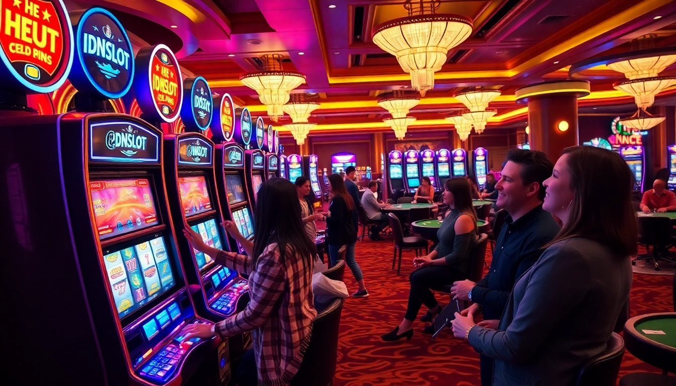 Play IDNSLOT at vibrant slot machines in a luxurious casino atmosphere, illuminated with neon lights.