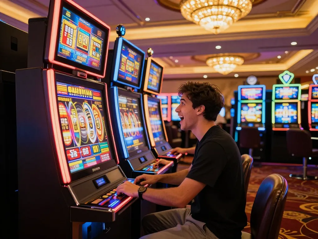 Player enjoying the aman788 slot gacor experience at a vibrant casino slot machine area.
