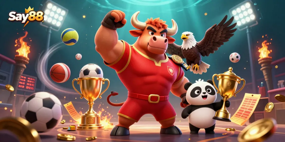 Experience the thrill of gambling with Say88's vibrant victory scene featuring a cartoon bull and eagle.