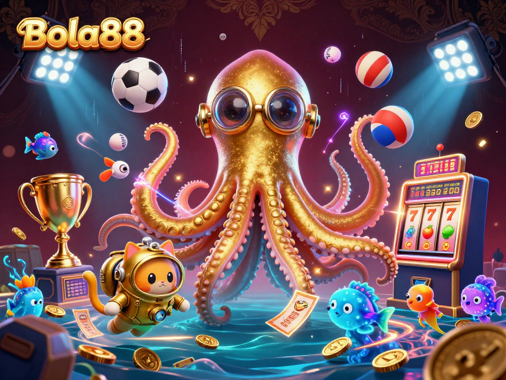 Bola88 memberikan pengalaman bermain judi yang imersif dengan kraken 3D dan kucing penyelam di dunia bawah laut yang penuh dengan trofi dan bola olahraga.
