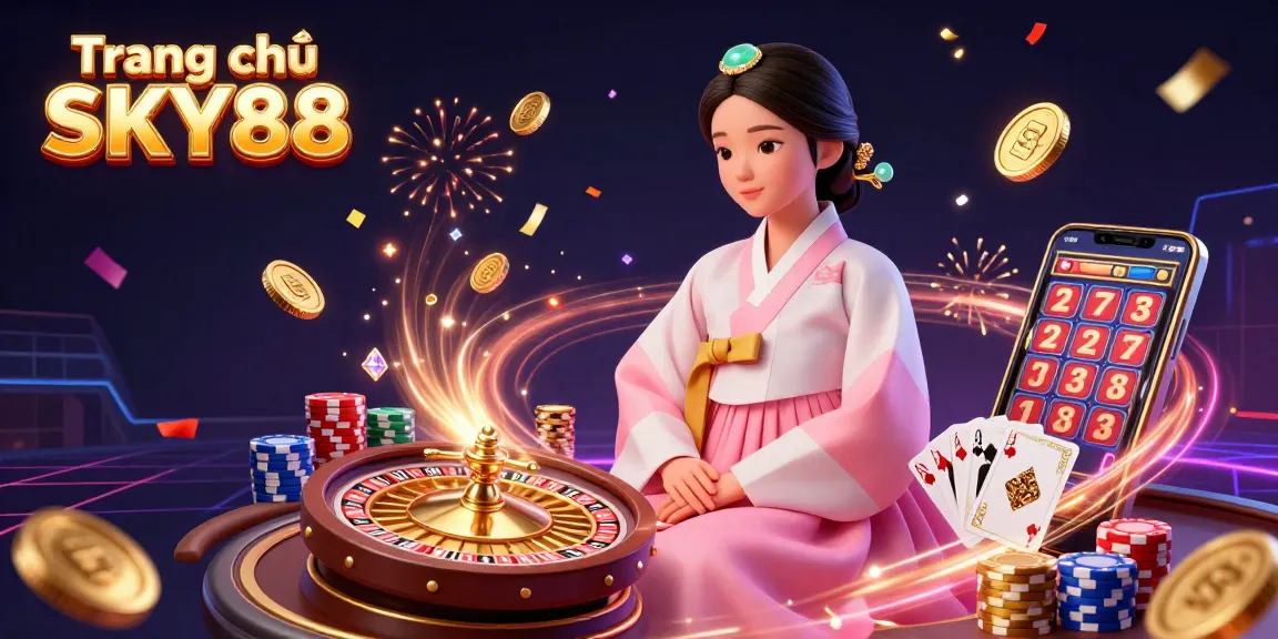 Experience the excitement of Trang chủ SKY88 with a stunning casino illustration featuring dynamic gaming elements.
