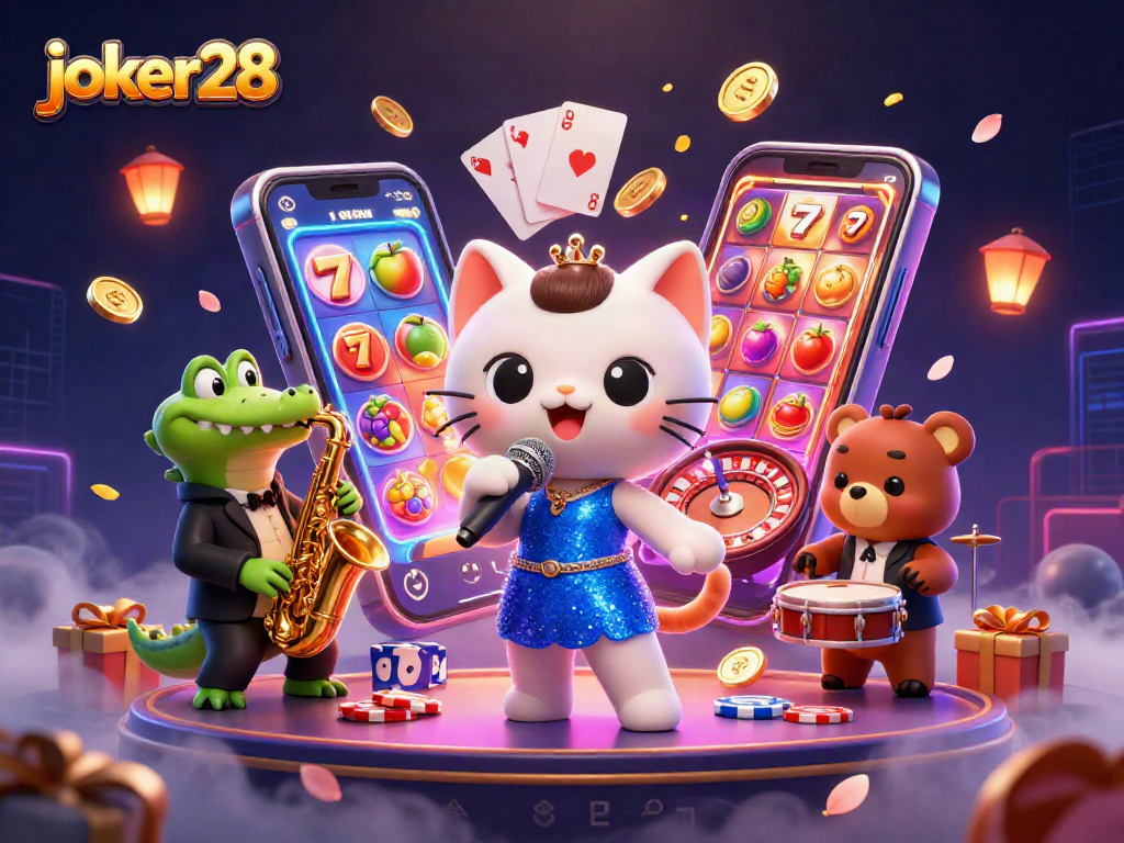 Experience thrilling gameplay with joker28 as the jazz-singer cat, crocodile, and bear cub celebrate casino fun!