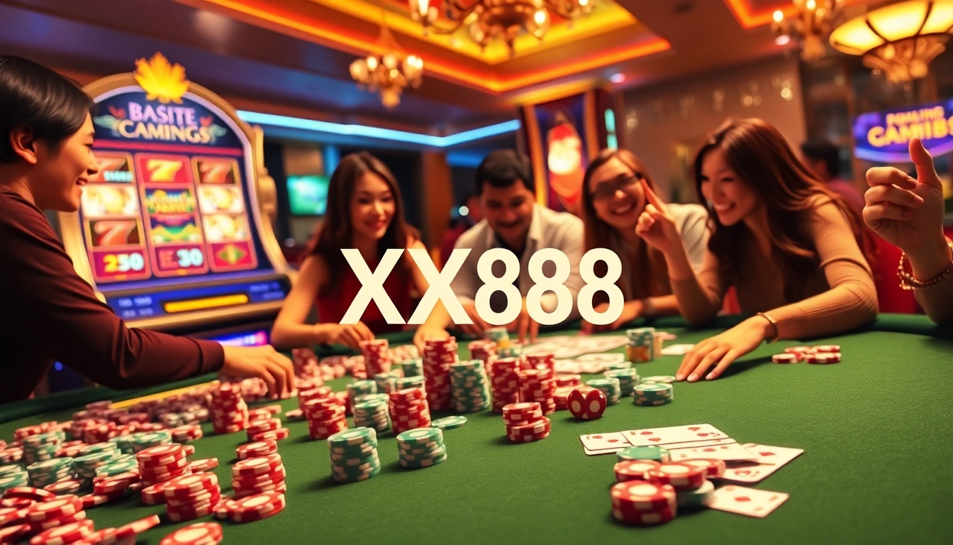 Engaging gamblers at XX88's vibrant casino scene featuring poker chips and a sleek slot machine.