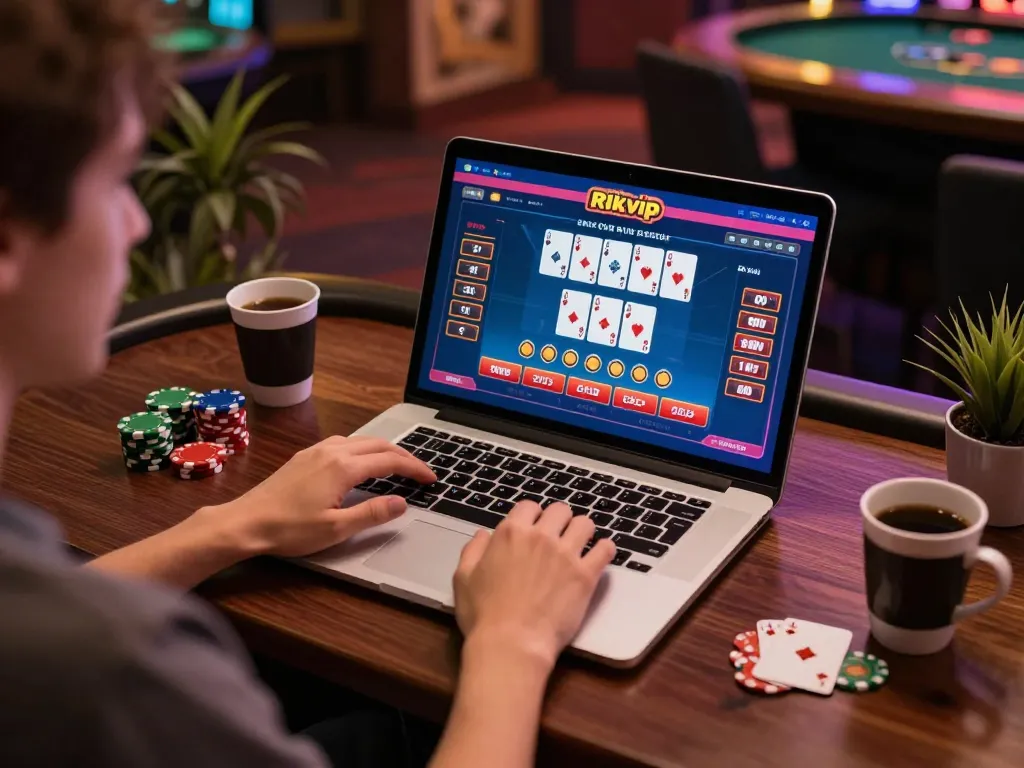 Player engaging in online gaming at rik vip, focusing on poker strategy and gameplay