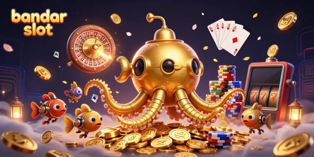 Menangkan permainan di bandar slot dengan ilustrasi mengesankan kraken emas dan koin berkilau.