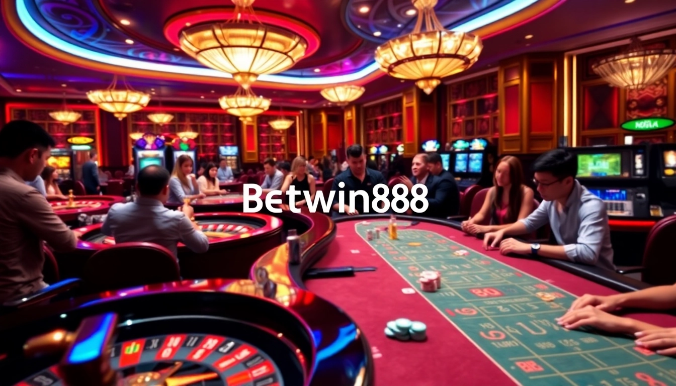 Engaging casino scene with players at Betwin88 roulette and blackjack tables.