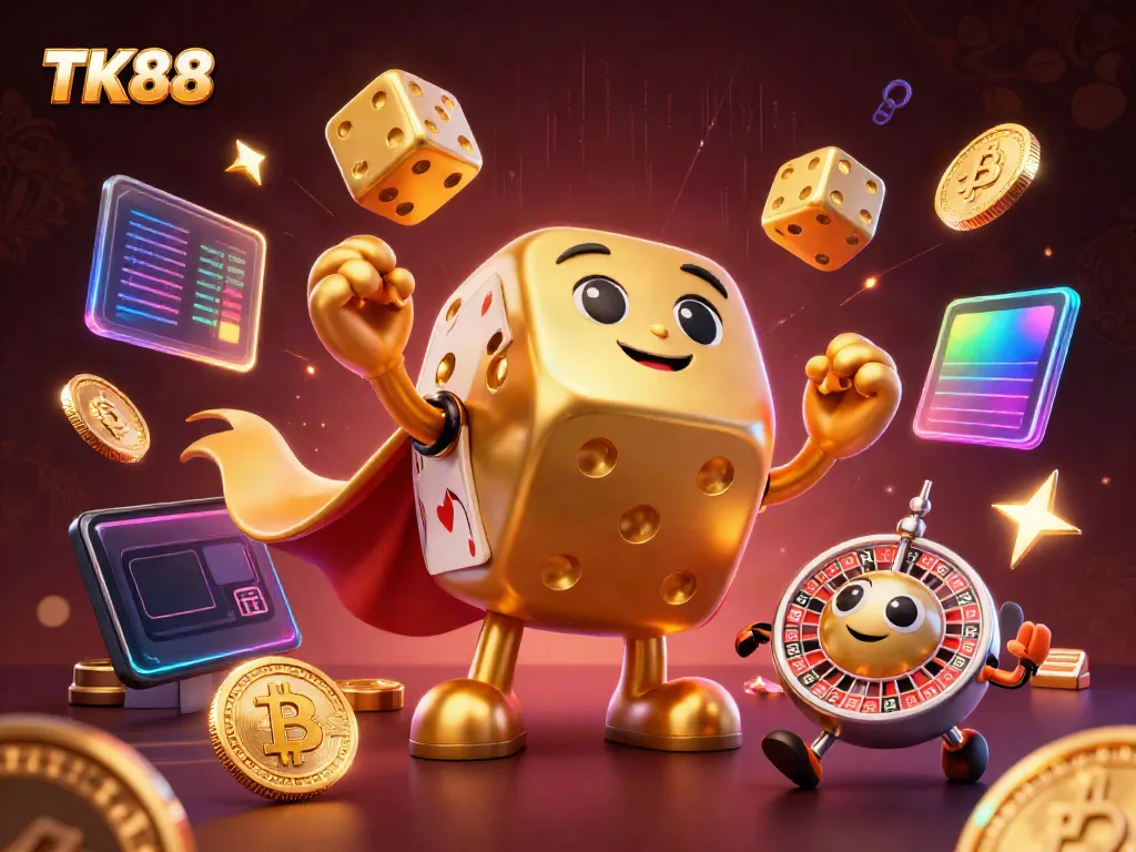 Engage in thrilling gaming at TK88, with dynamic characters and neon-styled casino elements surrounding them.