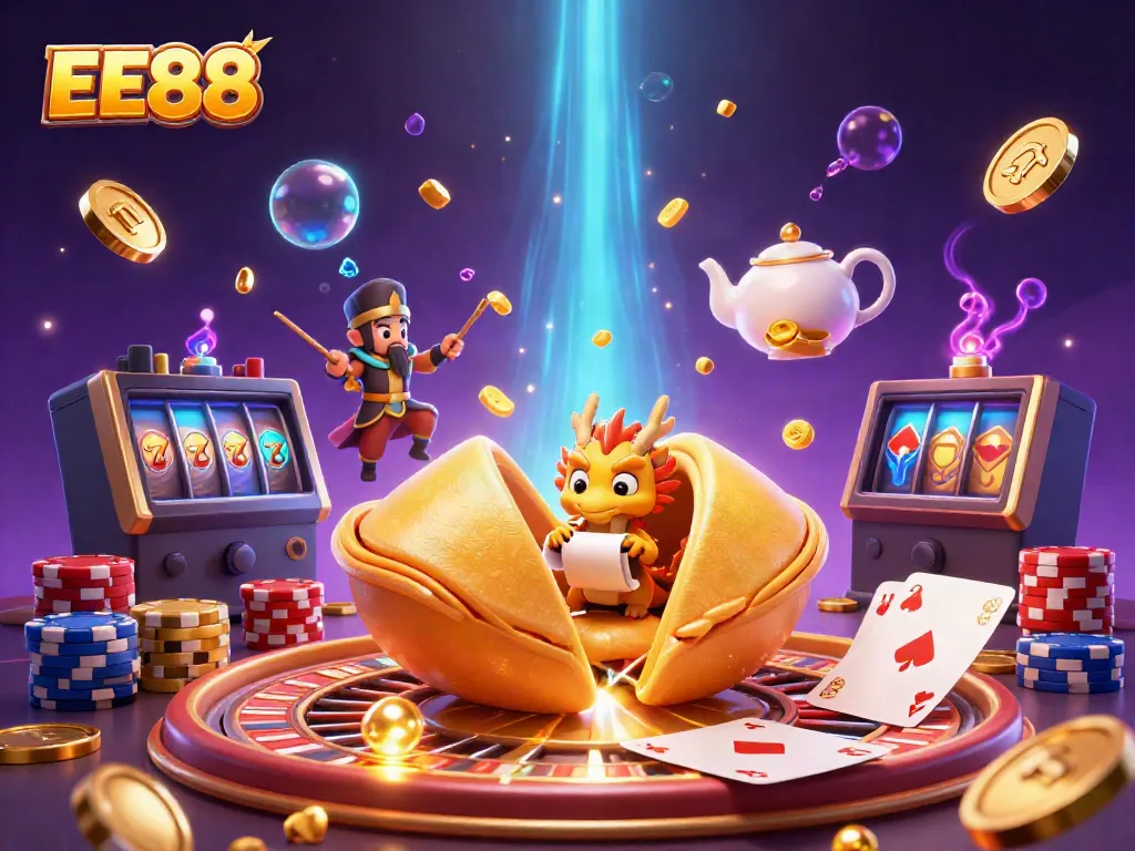 Experience EE88's dynamic gaming world with a golden fortune cookie, wise dragon, and vibrant casino elements.