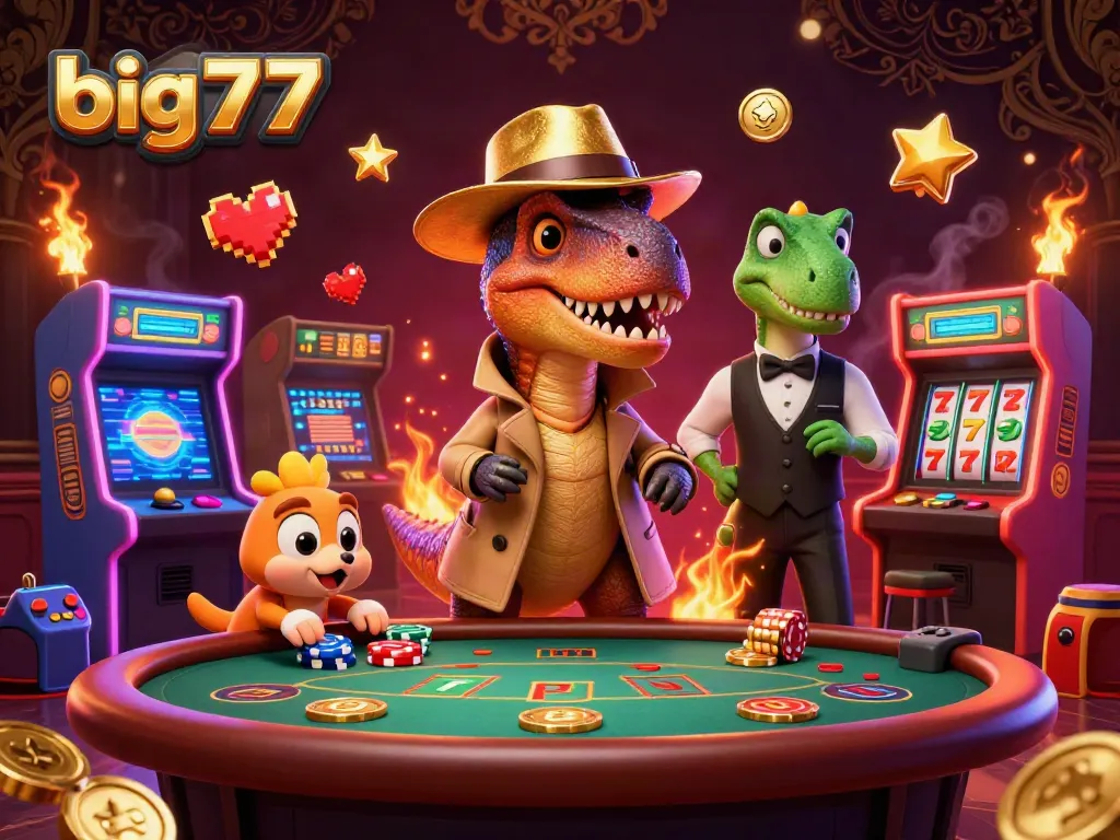 Experience the thrill of big777 slots with a velociraptor and stegosaurus at a vibrant casino scene.