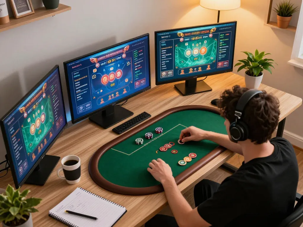 Engaged player strategizing poker bets online at sc88 with multiple screens.
