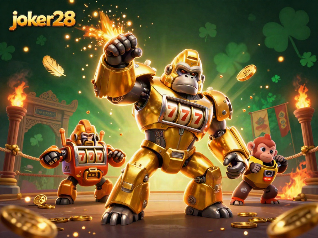 Raih kemenangan besar dengan joker28 di arena kasino yang penuh dengan koin dan petarung mecha.