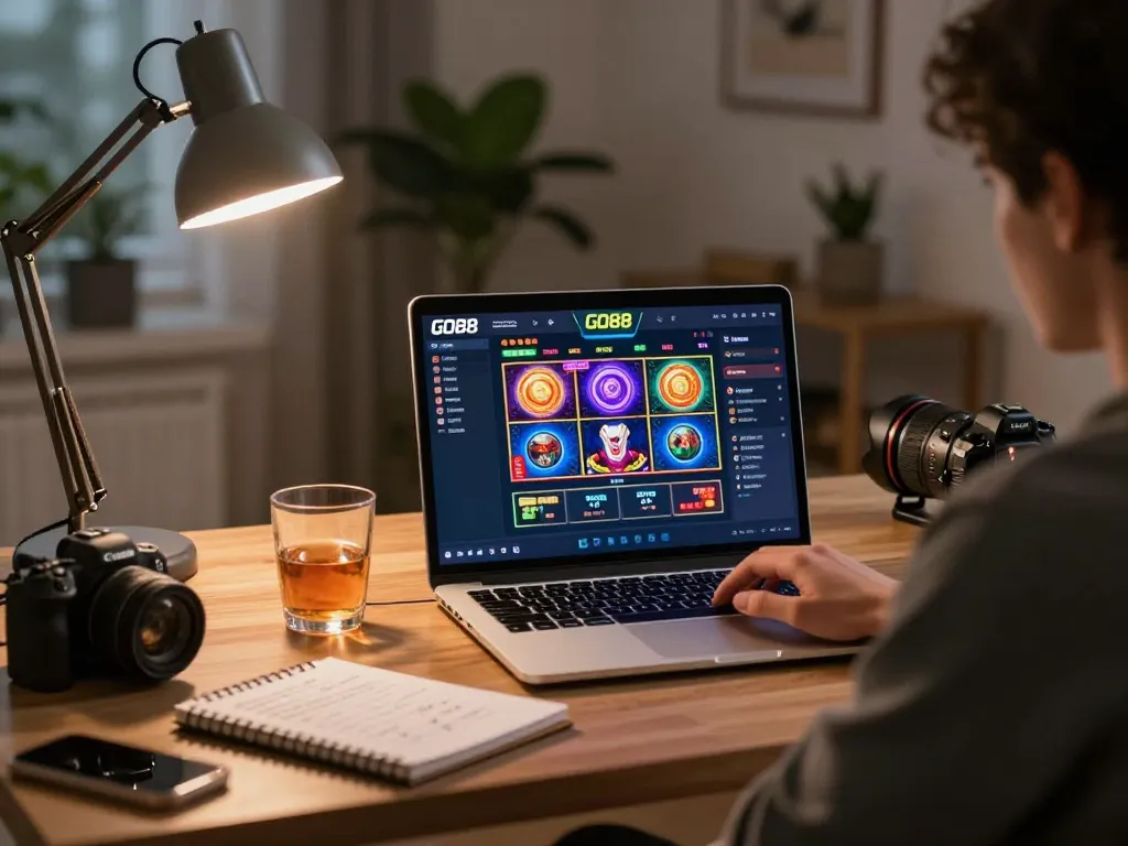 Player engaging with the GO88 online gaming interface on a sleek laptop in a cozy home office setting.