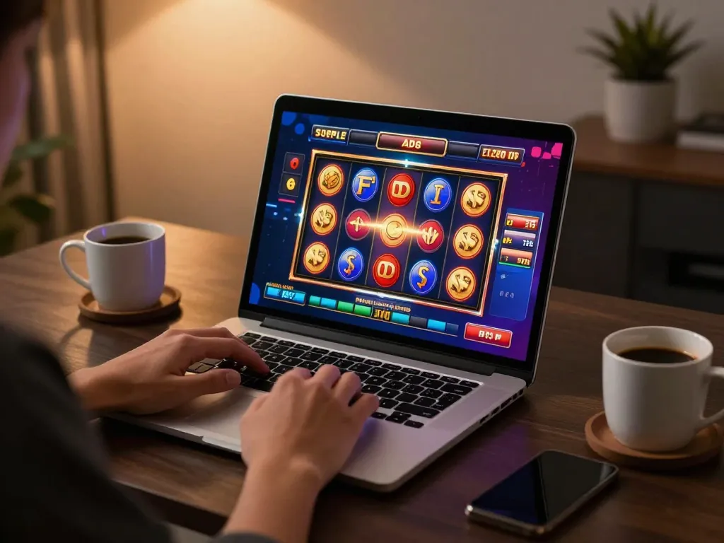 Engaging in a thrilling online slot game at luck88com on a stylish home desk.