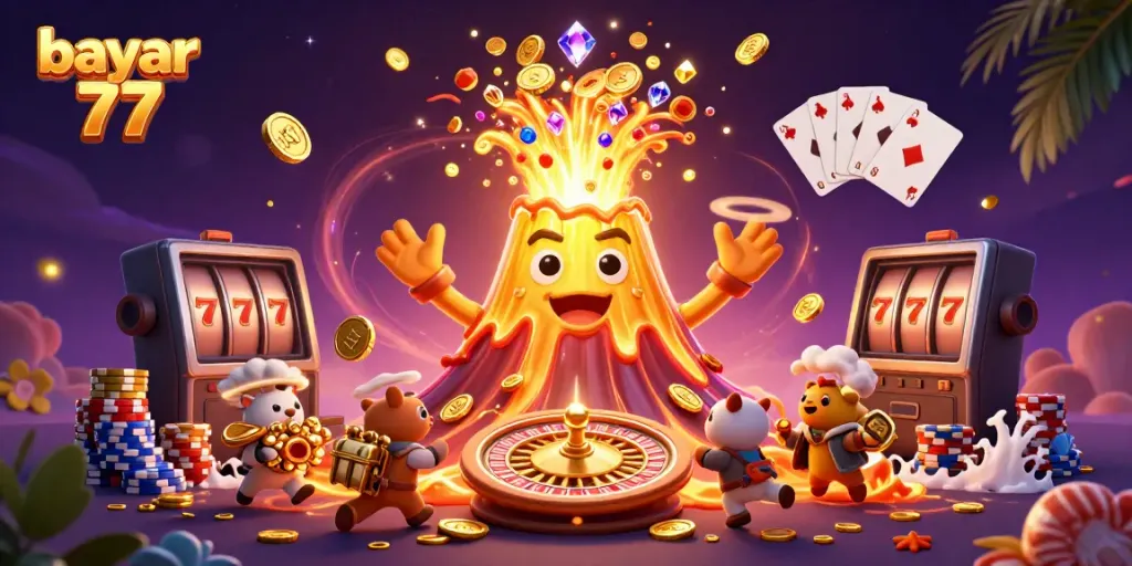 Experience the thrill of winning at bayar 77 with vibrant casino elements and a dynamic golden volcano.