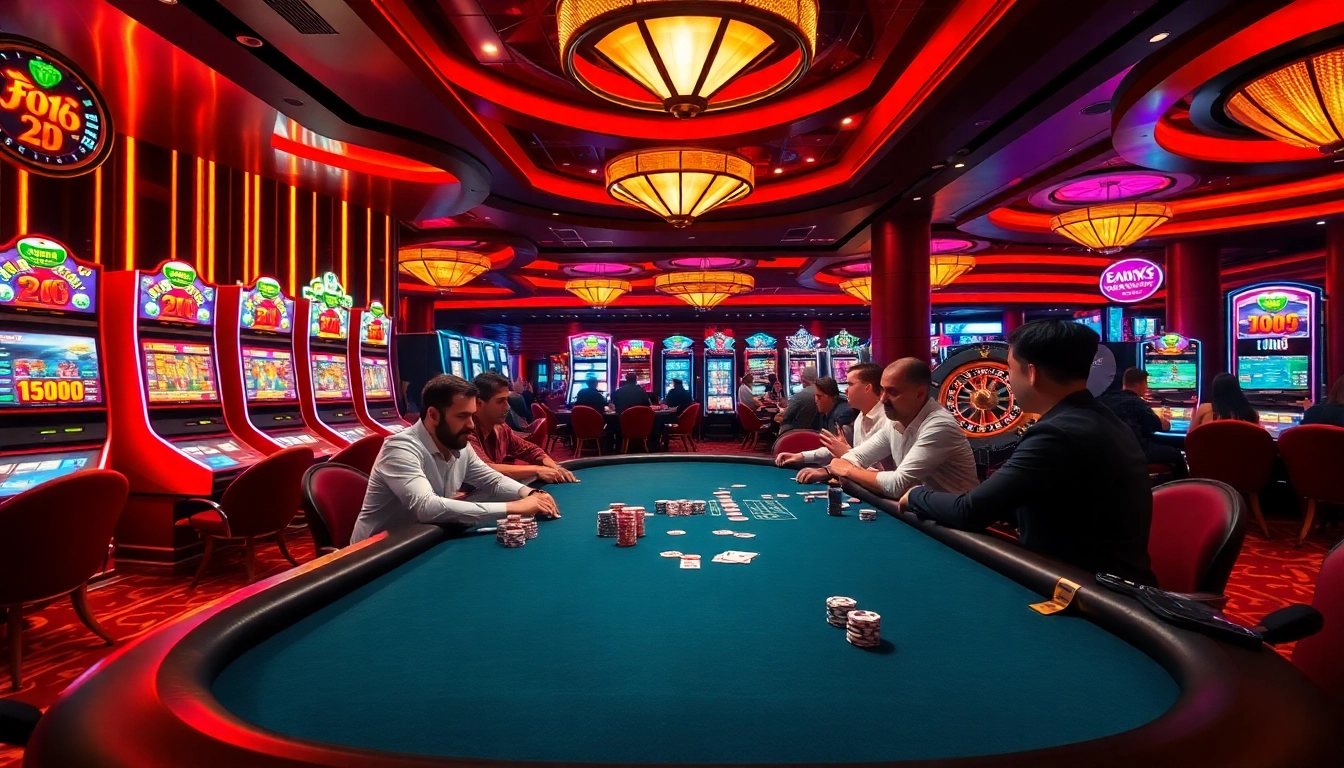 j88 players enjoying a thrilling game at an upscale casino table amidst vibrant slot machines.