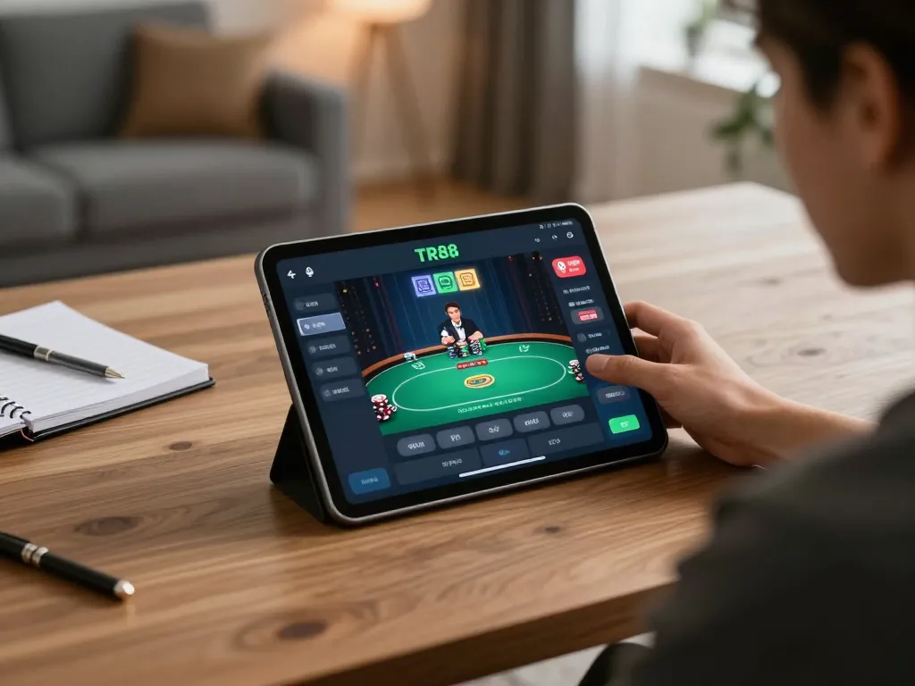 Player using TR88 app for online gambling on tablet at home.