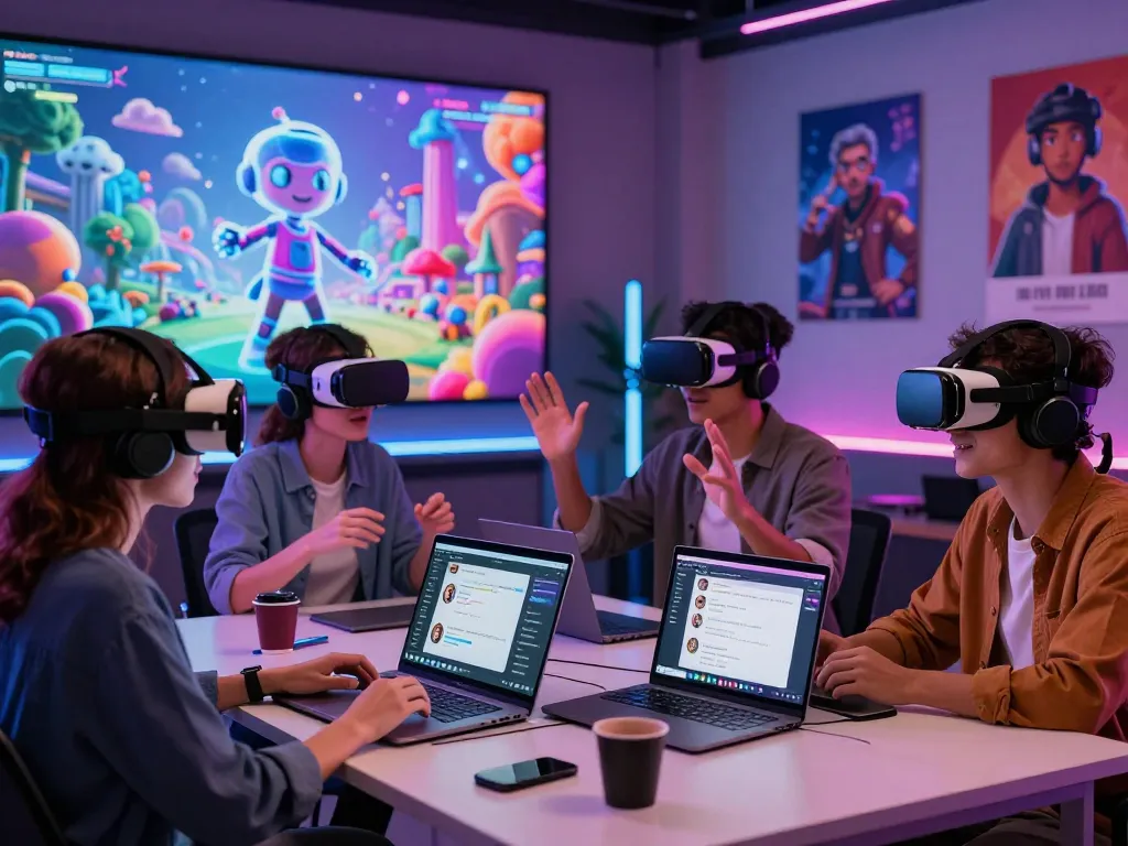 Engaging group interaction with 18+ AI characters in a vibrant virtual reality setting.