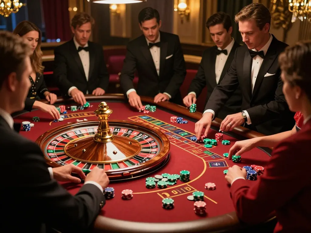 Players engaging intensely at a go99com roulette table with vibrant chips and elegant croupier.