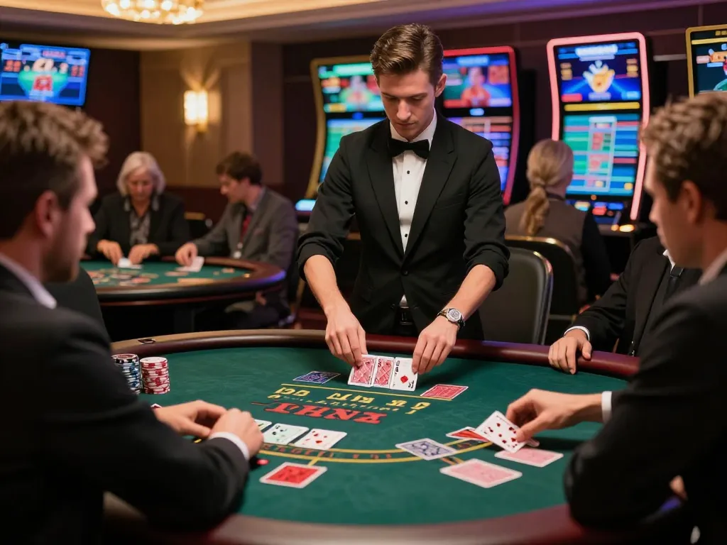 Engaging gameplay at king33's live casino, professional dealer and players enjoying blackjack.