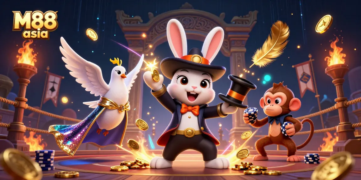 M88 asia showcases a captivating 3D scene with a magician rabbit, an assistant dove, and a monkey in a vibrant casino-like setting.