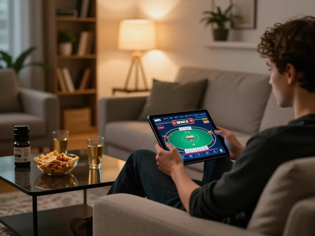 Iwin casino experience with a player enjoying poker on a tablet in a cozy home setup.