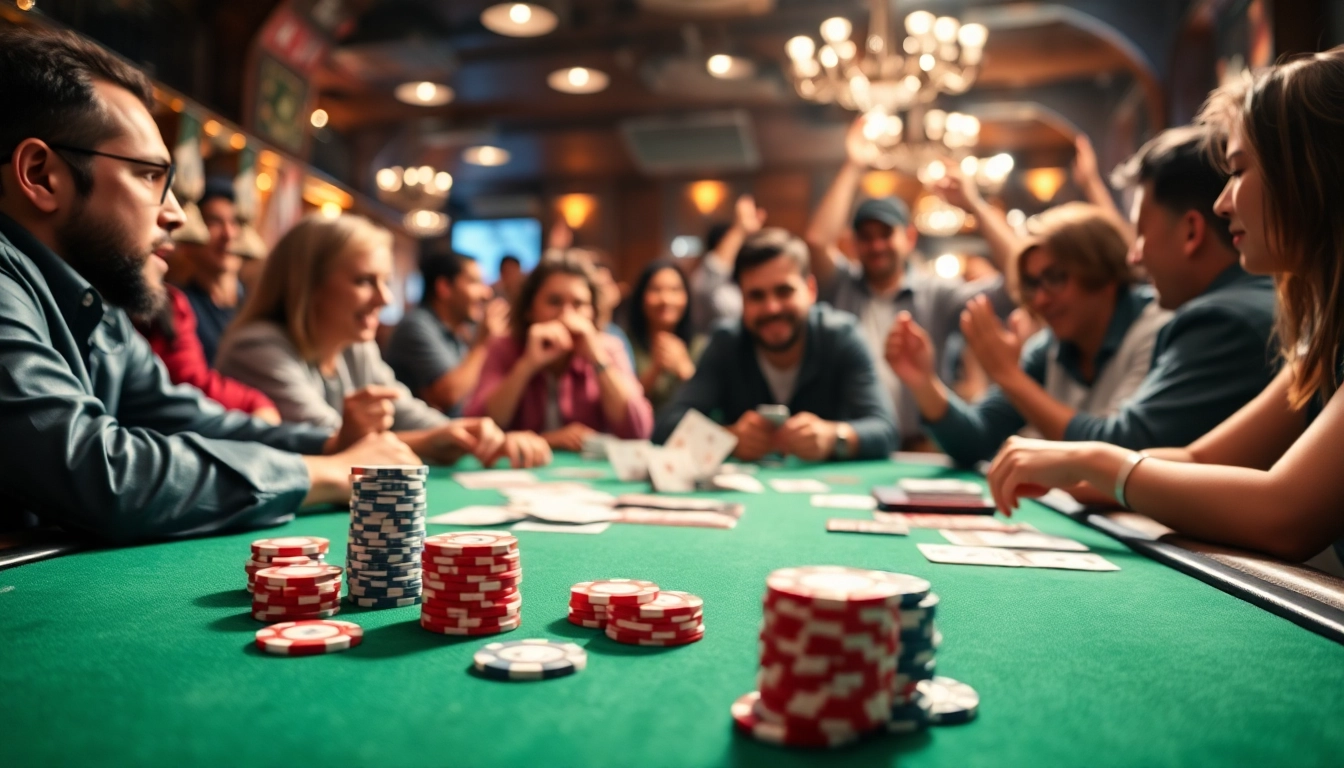 Engaged players enjoying a thrilling Poker Game with colorful chips and cards on a vibrant felt table.