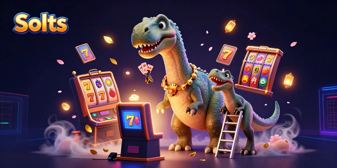 Engaging scene of colorful Slots with a cartoon brontosaurus and clever raptor in a vibrant casino setting.