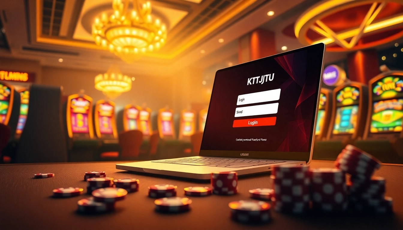 KTPJITU login interface displayed amid an exciting online casino gaming atmosphere with vibrant slot machines.