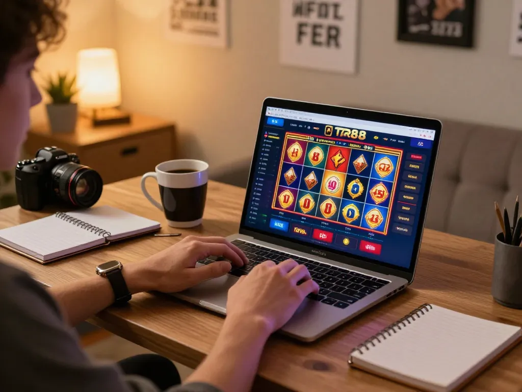 Player enjoying the TR88 online casino gaming experience at home with vibrant interface.