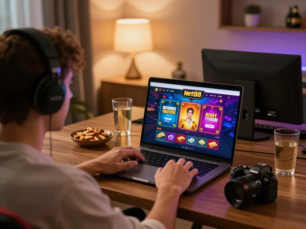 Player engaged with net88 on a laptop at home, showcasing a cozy online gambling atmosphere.