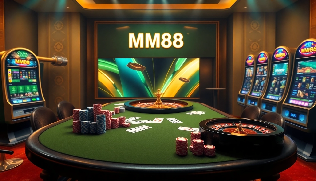 Engage with MM88's vibrant online casino experience featuring poker tables, roulette wheels, and exciting games.