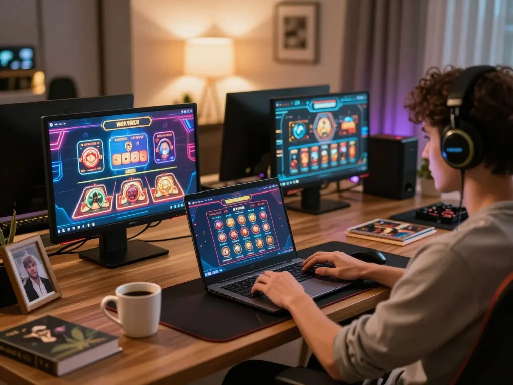 Player engaging with iWin online casino on a laptop in a stylish home office setting.