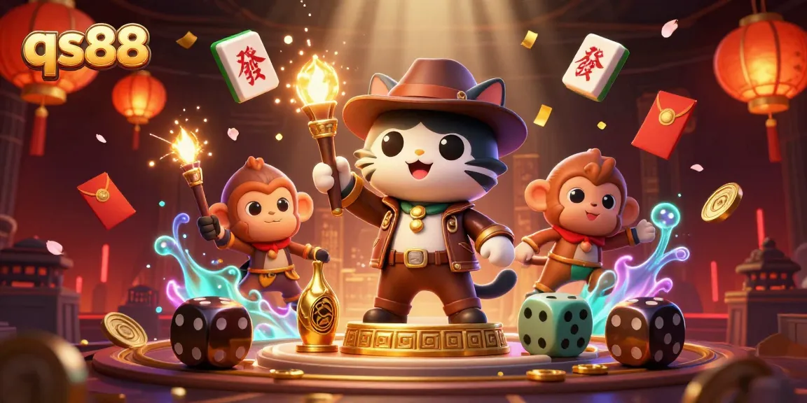 Engage in thrilling gameplay at qs88 with vibrant visuals of an archaeologist cat discovering casino treasures.