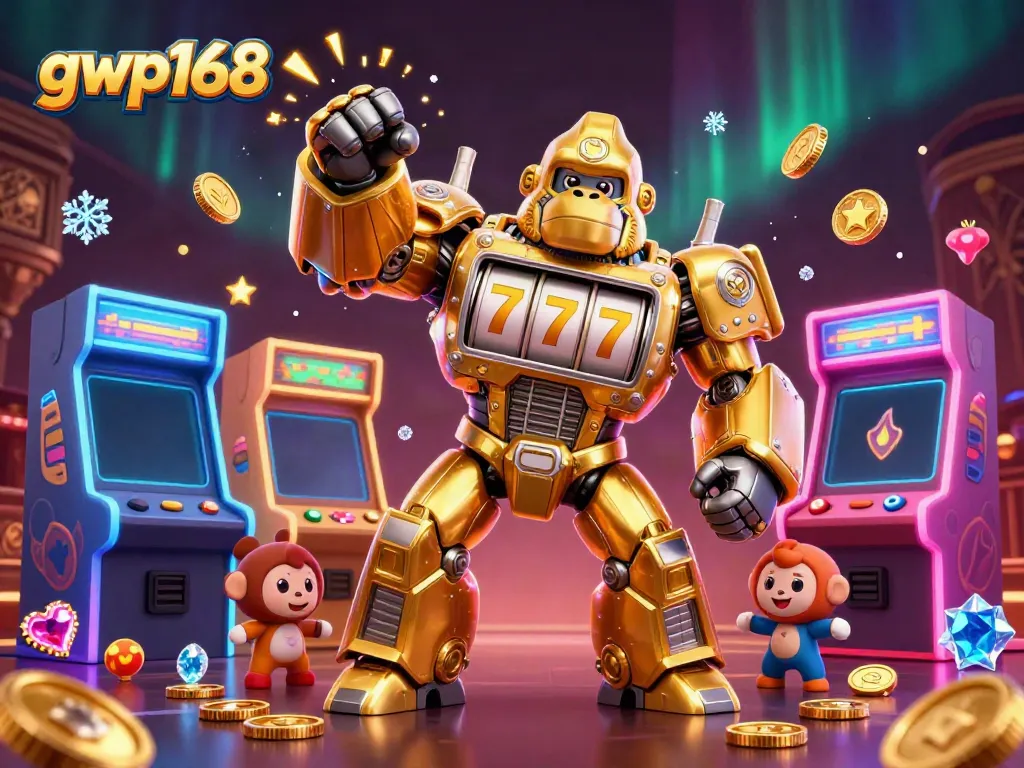 Gambaran menyenangkan mekanik gorila emas 3D yang berdiri di tengah mesin slot, mengundang untuk bermain di gwp168.